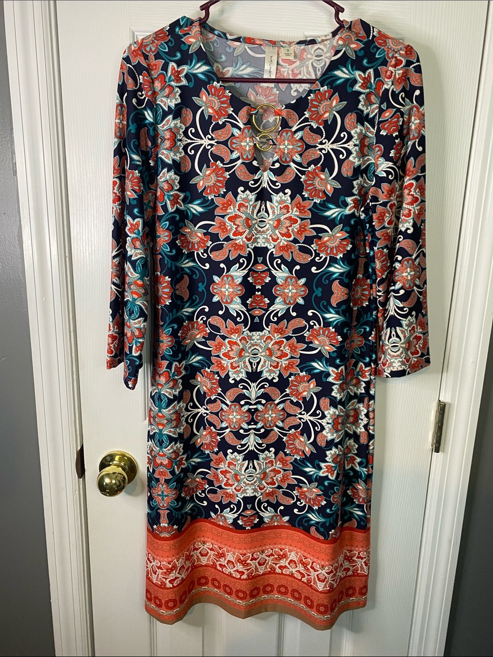 Tacera Floral Print Women's Bag with Coral, Teal and Navy Accents Size Small.